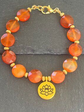 Carnelian Gemstone Boho Bracelet | Gold Lotus Charm Bracelet with Clasp